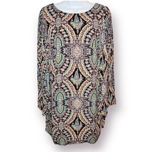 Love FIRE Pleated Wide Arm Shift Dress Mediterranean Stain Glass Print Multi M